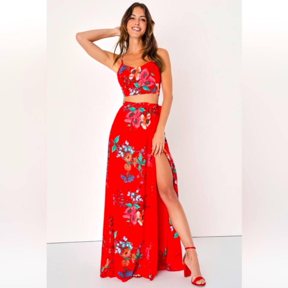 Lulus Bloom with A View Red Floral Print Two-Piece Maxi Dress